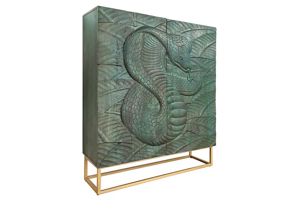 Massives Highboard SNAKE 120cm türkis gold Mangoholz Schlangen-Design mit aufwendigen 3D Schnitzereien