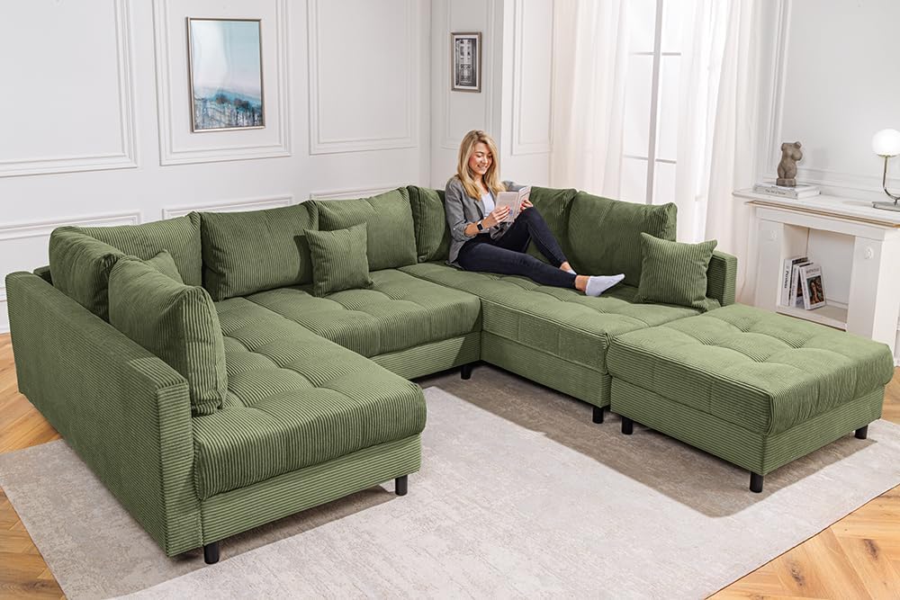 Riess Ambiente Moderne XXL Wohnlandschaft Kent - 305cm - grün Cord - Bigsofa inkl. Hocker mit Federkern Couch