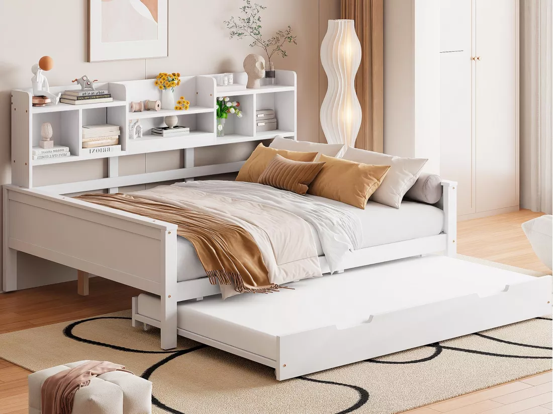 Canapé-lit gigogne 140x200 cm - Lit gigogne 90x190 cm - avec rangement - sommier à lattes - pin multi - blanc (matelas non inclus)