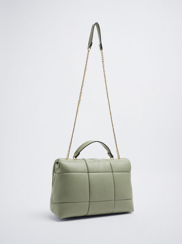 Bolsa de ombro acolchoada com corrente - Cáqui
