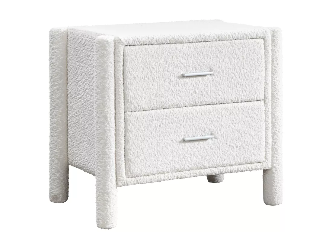 Table de chevet avec 2 tiroirs - Tissu bouclette - Blanc - CONOMO