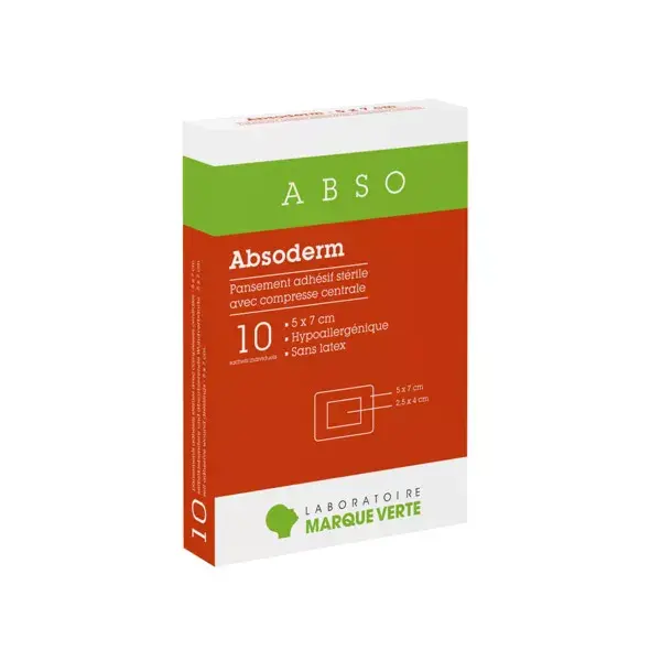 Curativos estéreis Absoderm da marca Green, 5 cm x 7 cm, pacote com 10 unidades.