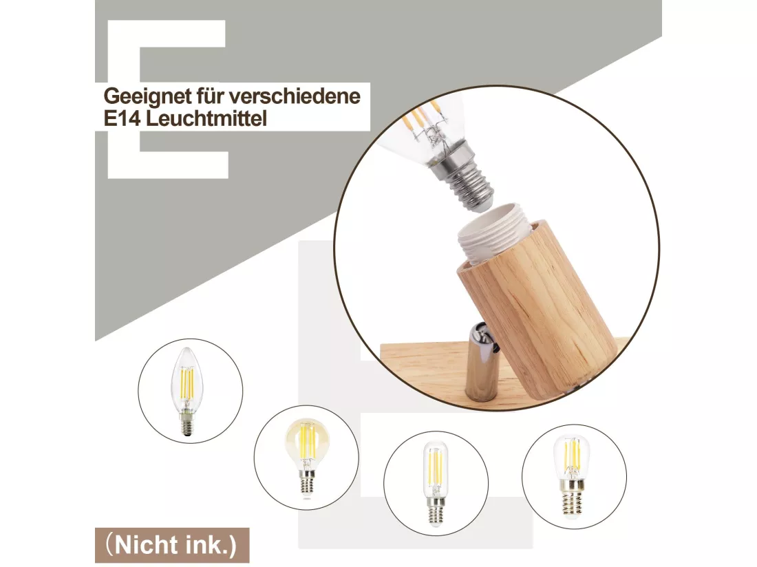 NETTLIFE Plafonnier 3 Spots noir aspect bois - plafonnier E14 orientable 350° 4 ampoules max 25w moderne pour salon chambre cuisine.