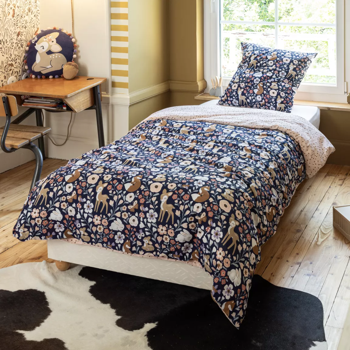 Housse de couette et deux taies enfant coton (200 x 200 cm) Forêt enchantée Multicolore