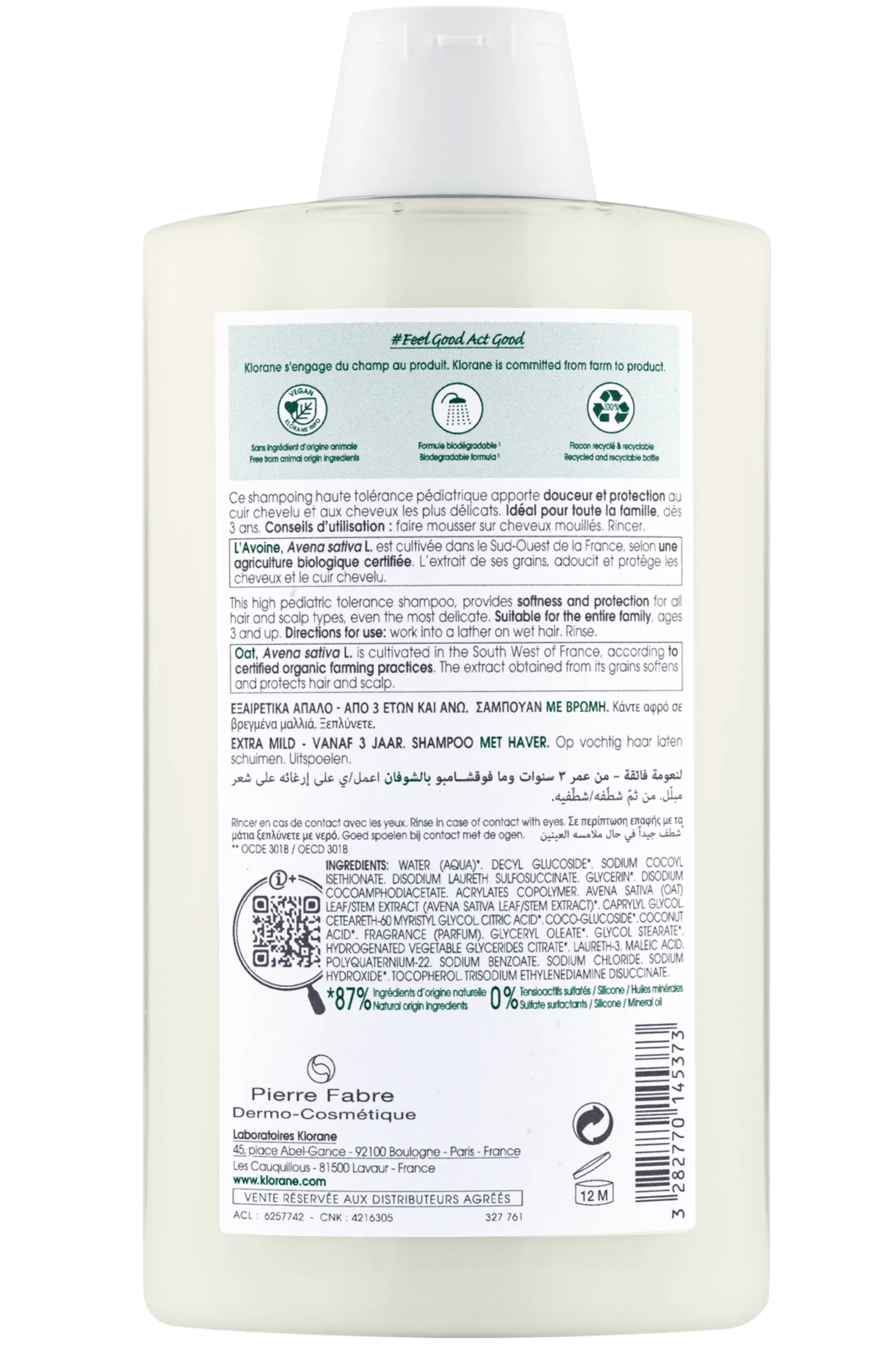Klorane Shampoing extra-doux à l’Avoine pour tous types de cheveux-400 ml