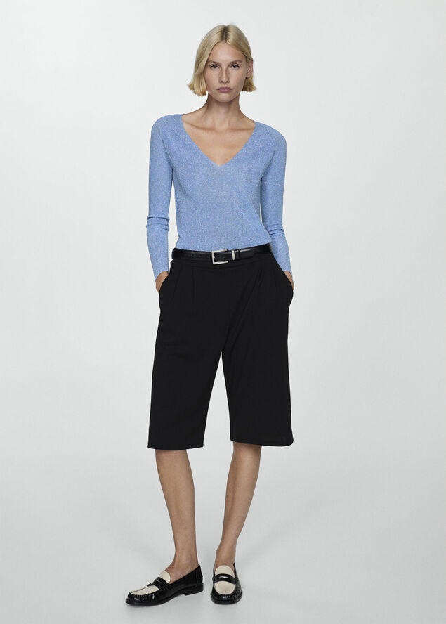 MANGO V-neck lurex sweater Lt-pastel blue