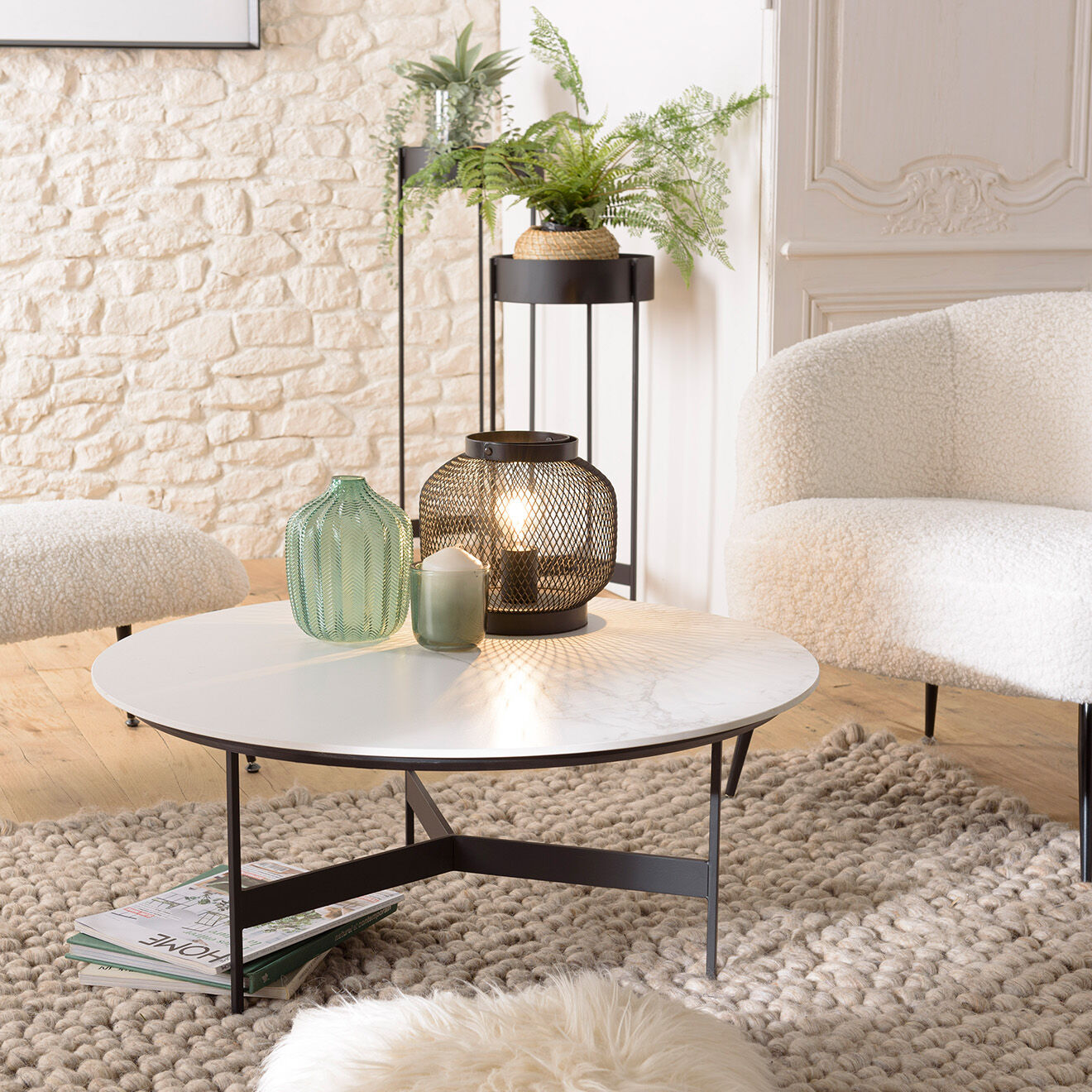 Macabane Table basse ronde plateau effet marbre Daly noir/blanc - 78x78 cm
