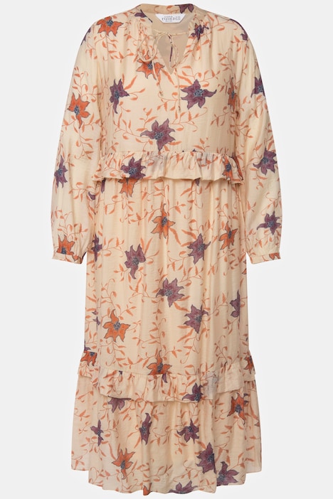 Maxikleid, A-Line, Blumen Print, Rüschen, Tunika-Ausschnitt, Langarm