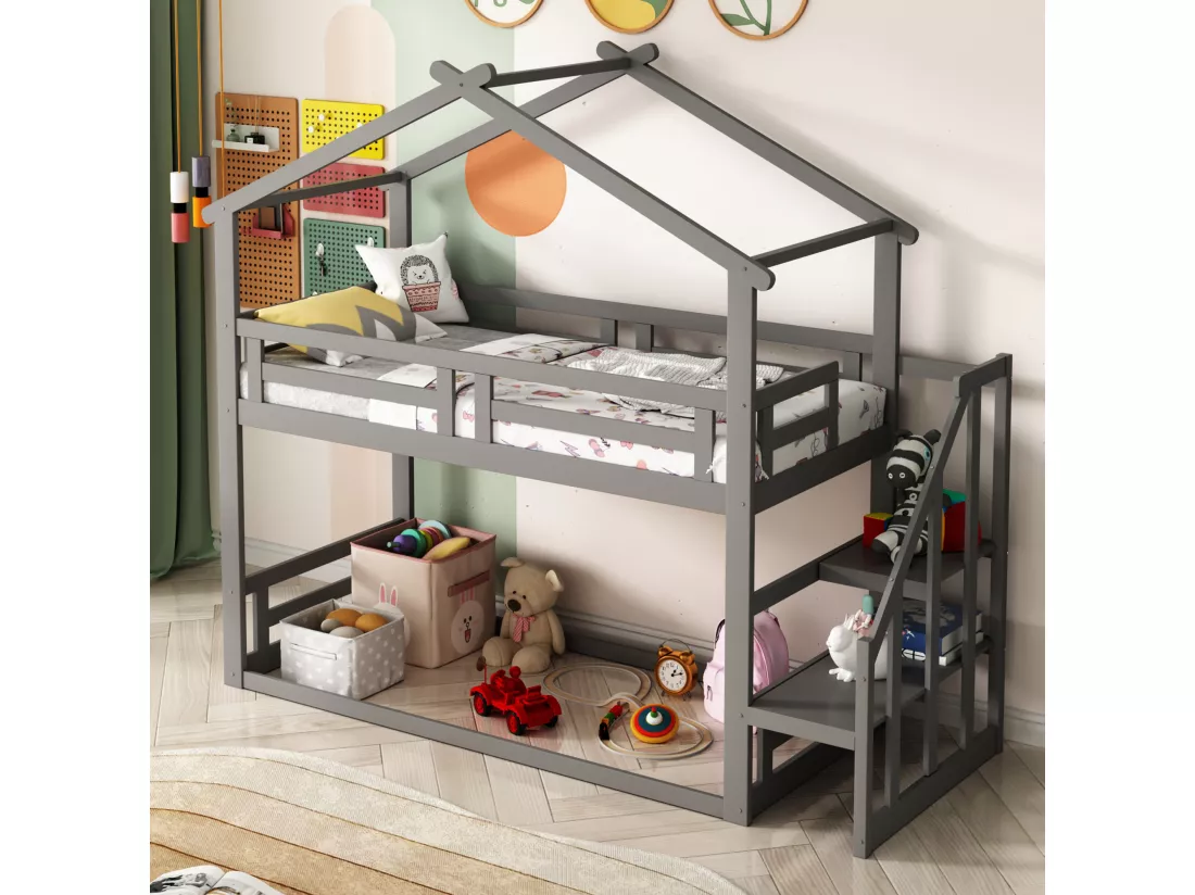 Lit superposé cabane avec rangement - 90 x 200 cm - pin - barrières et escalier - coloris gris