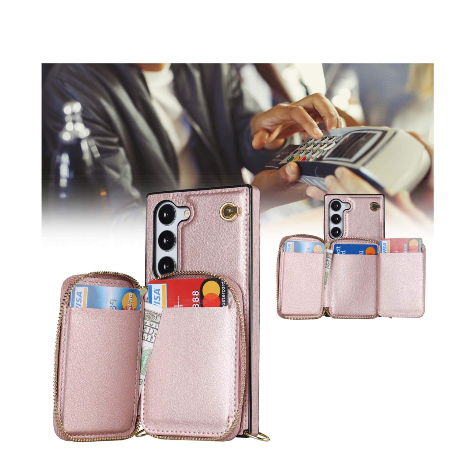 Samsung Galaxy S23 5G Necklace Leder Schutz Hülle mit Kartenfächer   Handykette (140cm) - Roségold