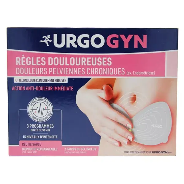 Adesivo de eletroterapia Urgo Urgogyn para cólicas menstruais, recarregável.