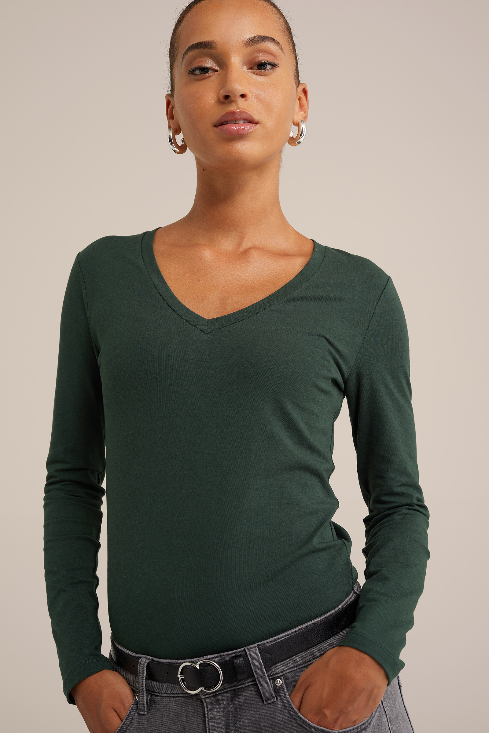 T-shirt met V-hals WE Fashion Mosgroen
