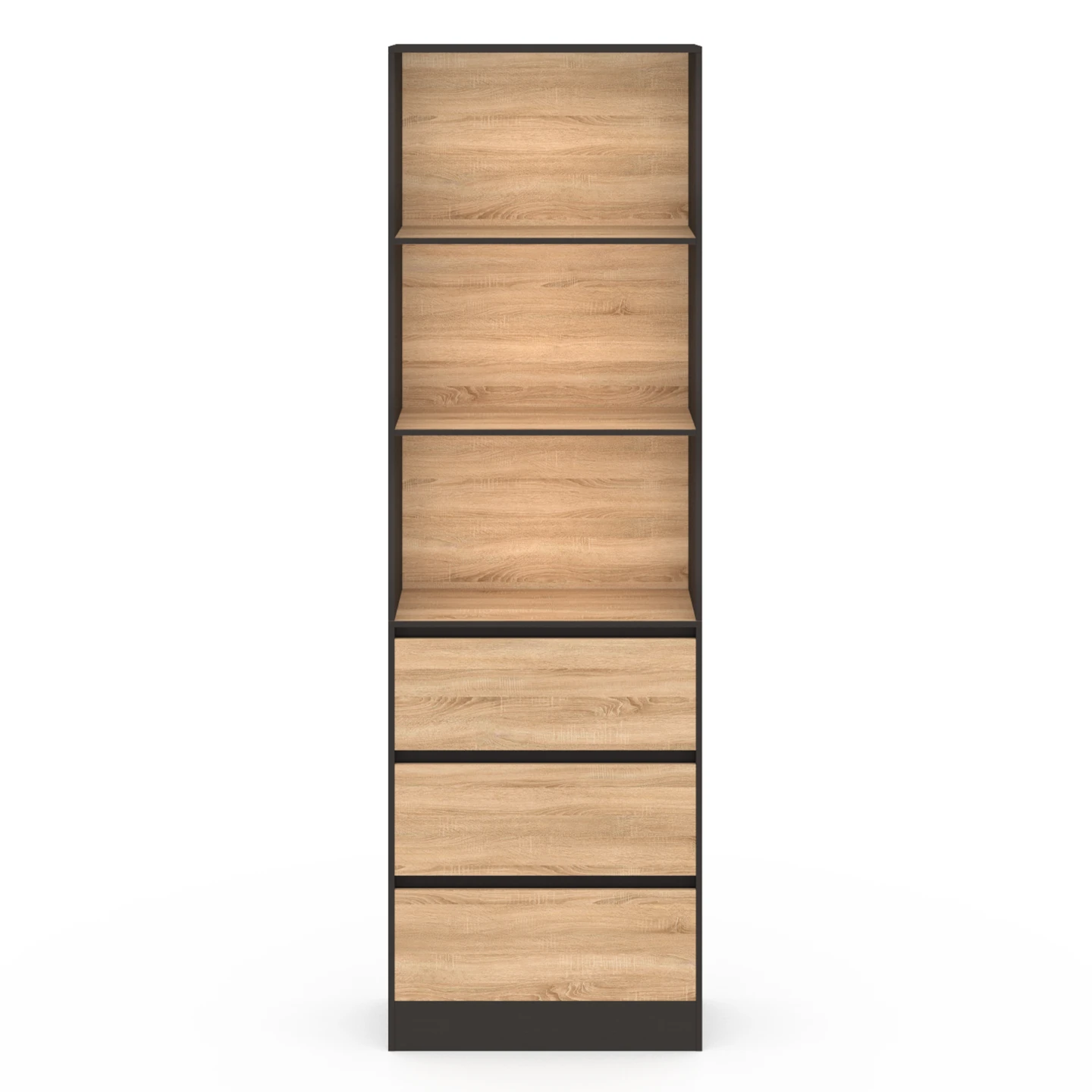 Etagère bibliothèque CARLA 3 niveaux 3 tiroirs noir et effet bois H.190 cm