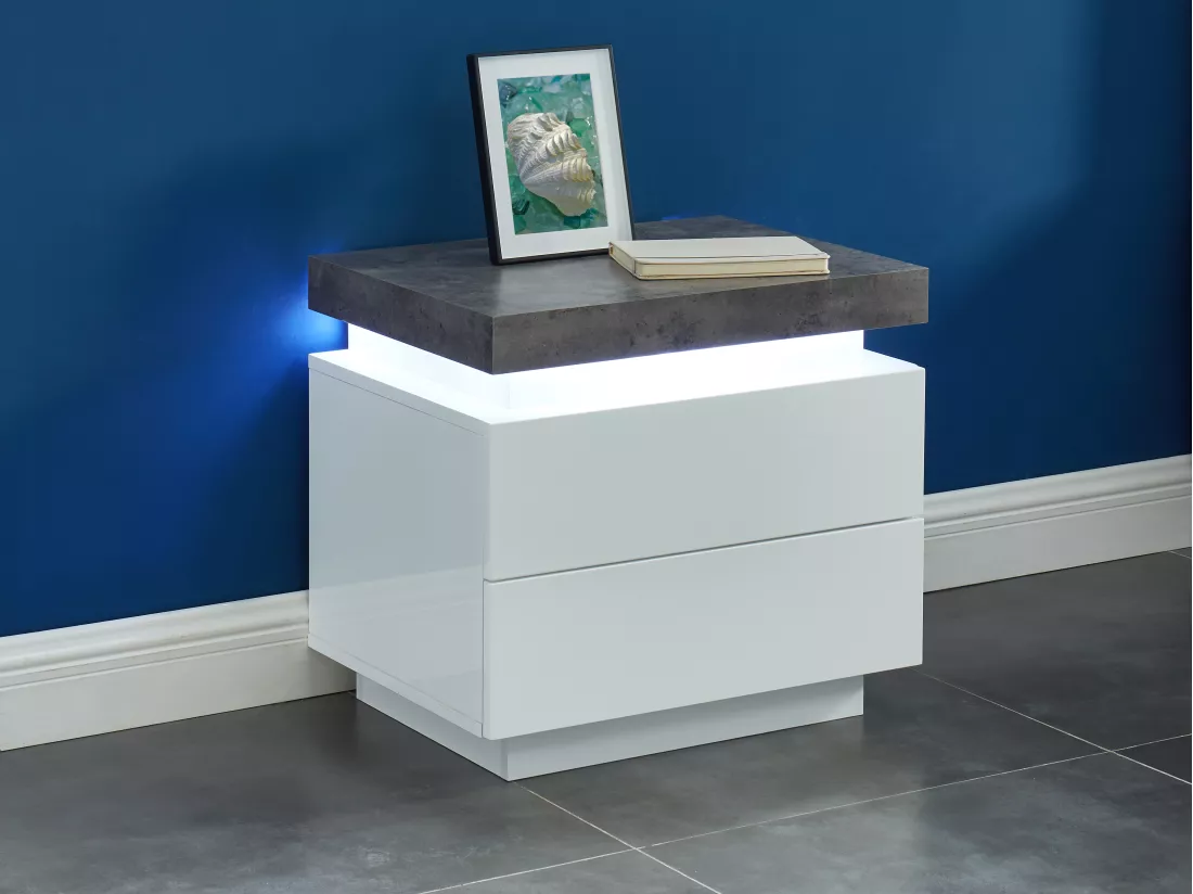 Lot de 2 tables de chevet - 2 tiroirs - MDF Laqué - Avec LEDs - Coloris : Blanc et béton - HALO II
