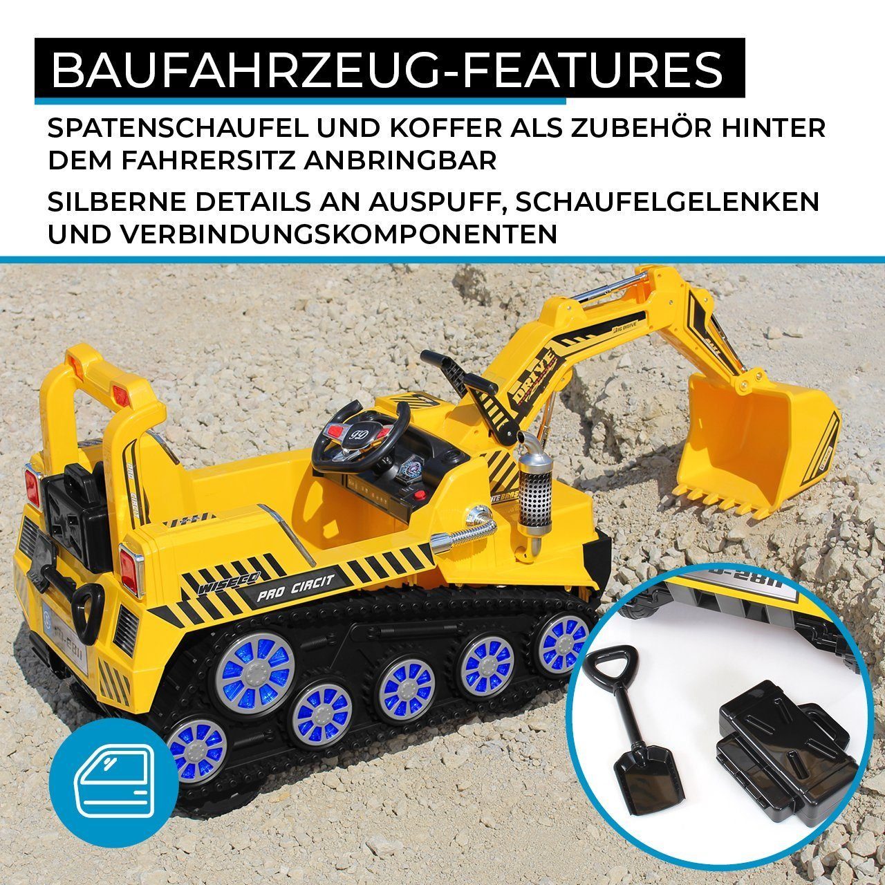 Escavadeira elétrica infantil Actionbikes Motors D2811 - inclui controle remoto e freio automático, capacidade de carga de 30 kg (3 peças), brinquedo elétrico infantil a partir de 3 anos - módulo de som - LED