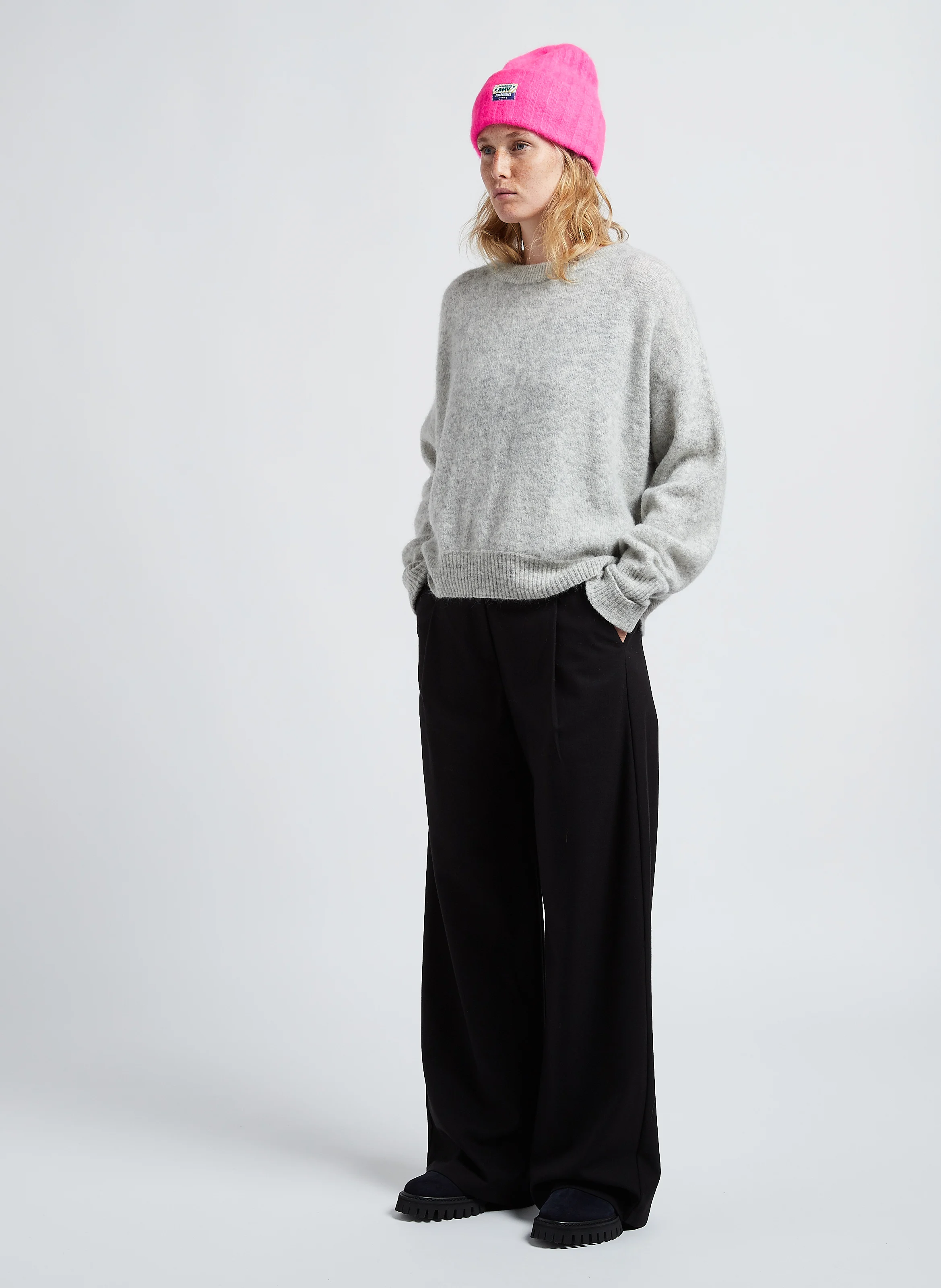 VITOW - Pull ample col rond en laine mélangée| Gris