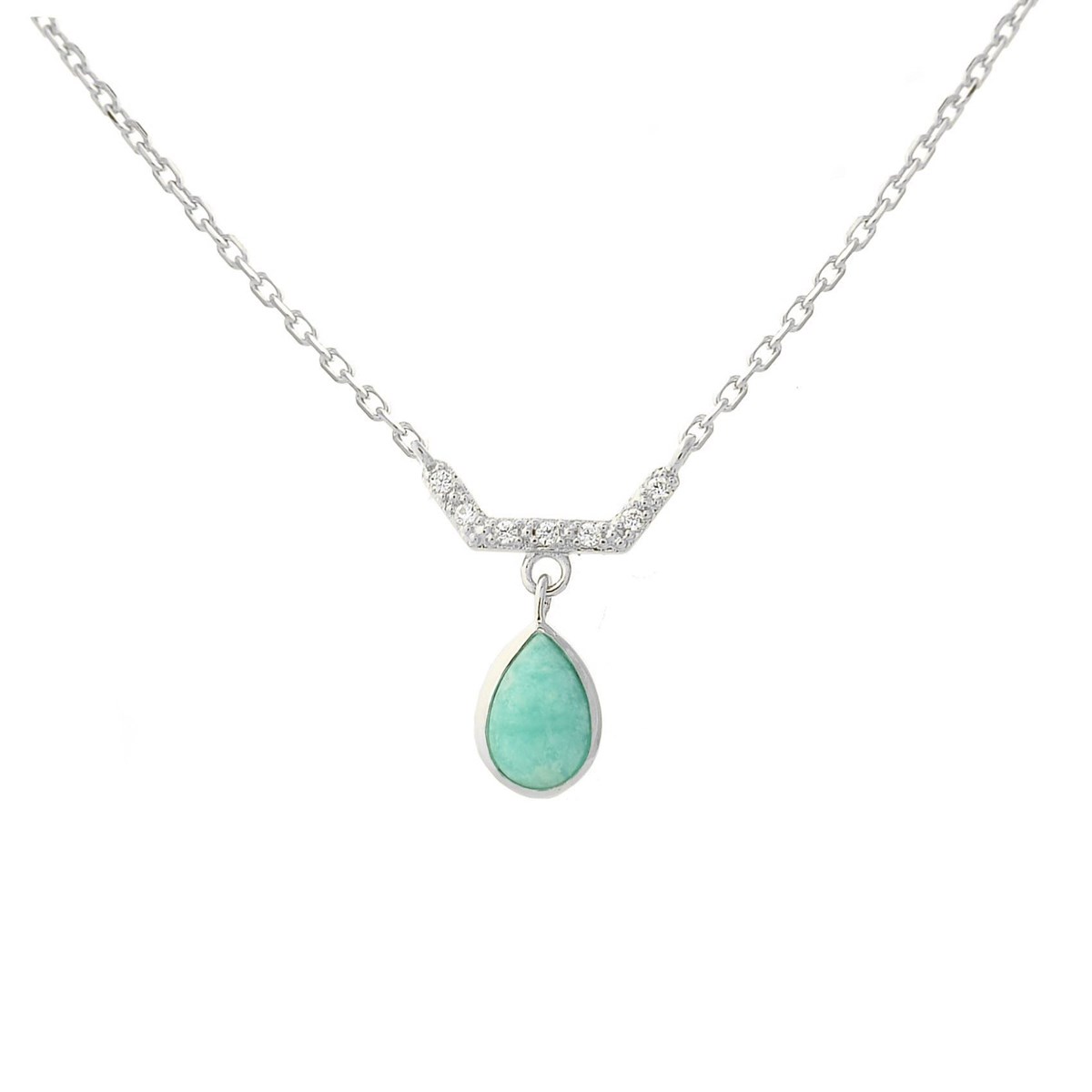 Collier goutte d'Amazonite pierre naturelle et oxydes de zirconium Argent 925 Rhodié