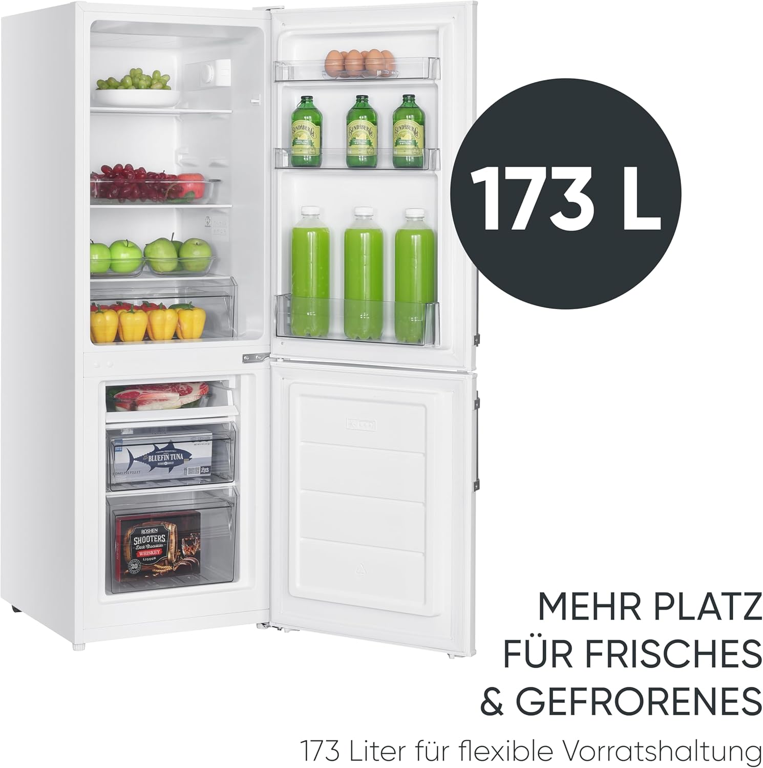 SEVERIN Kühl-Gefrierkombination, Energieeffizienzklasse C, Kühlen 121L, Gefrieren 52L, LED Beleuchtung, 142,5 cm Höhe, 4-Sterne-Gefrierfach, verstellbare Ablagefläche, 124 kWh, weiß/Metall, DT 8770