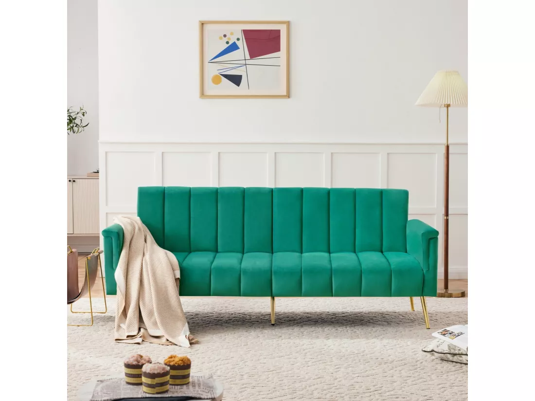 Canapé 4 places convertible express en velours vert, avec pieds auxiliaires, Couchage 220x104cm, charge max 150kg, 183x76x75cm