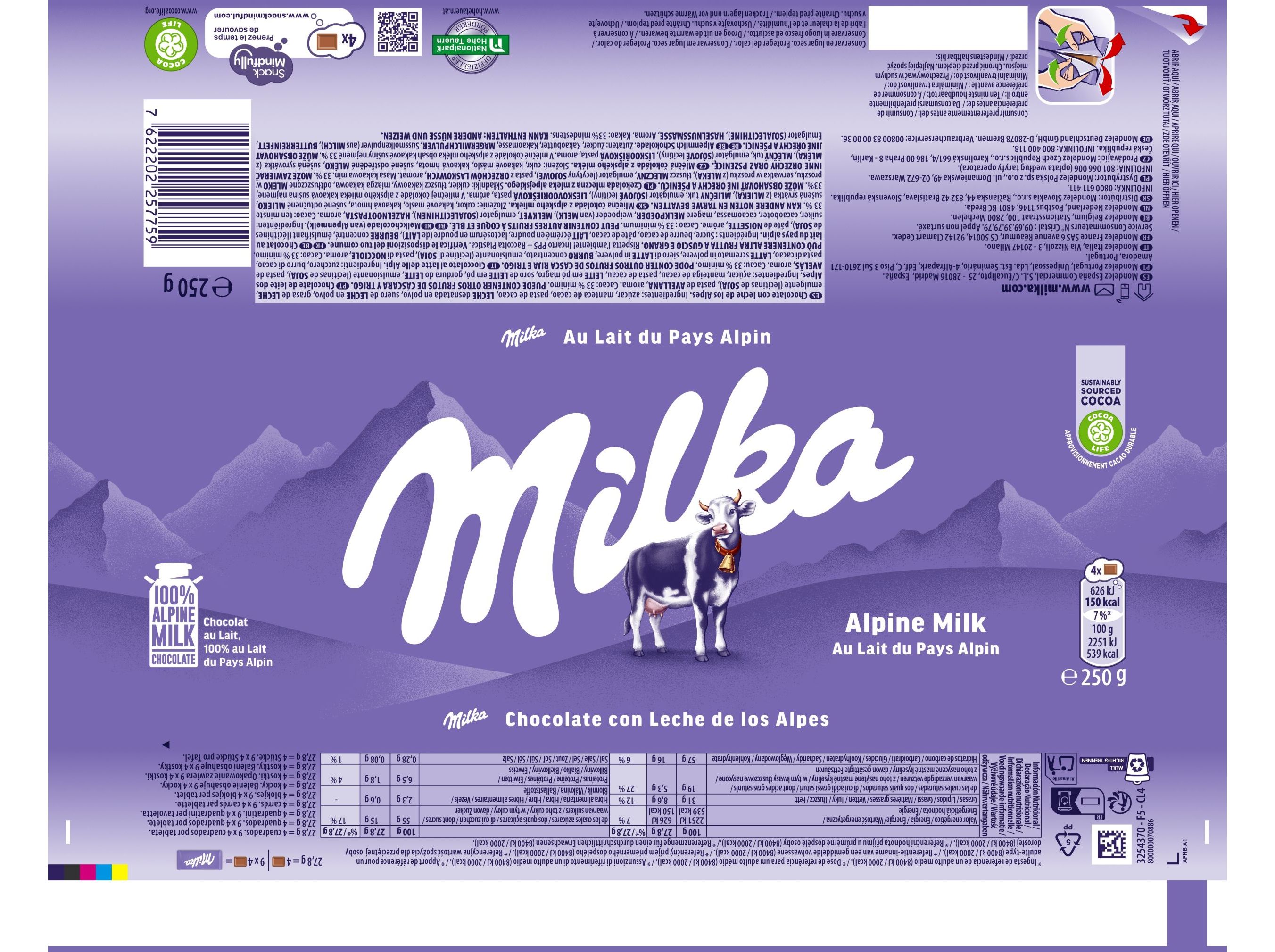 CHOCOLATE MILKA LEITE 250 G