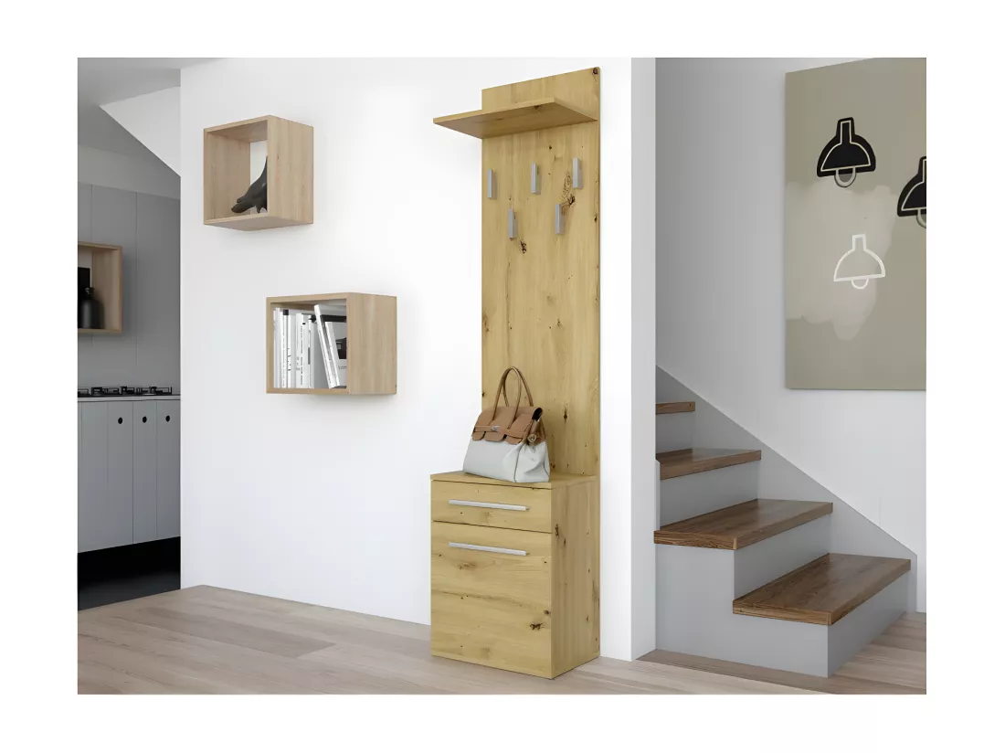 VIONI - Meuble vestiaire d'entrée - Portemanteau mural avec étagère - 5 crochets - Tiroir + meuble de rangement