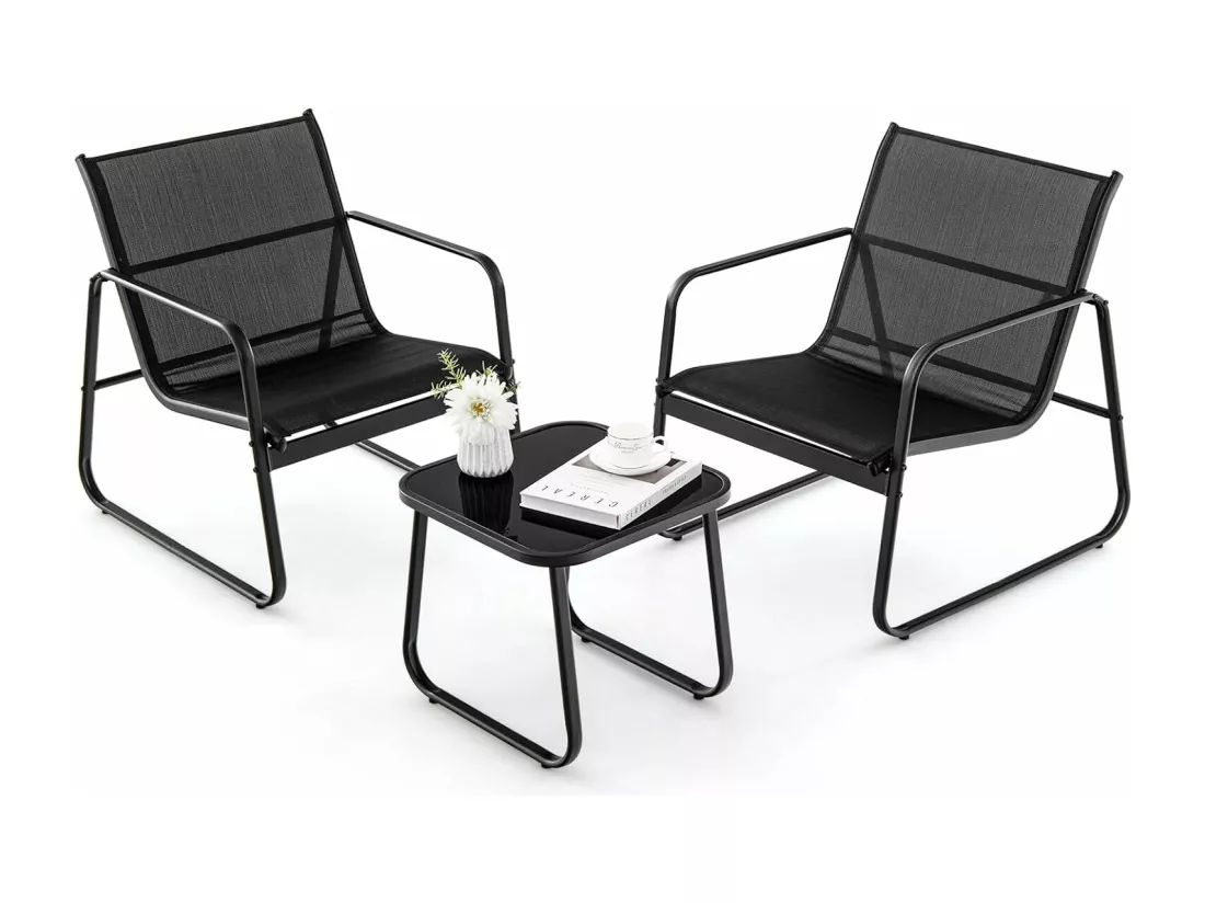 Salon de Jardin 3 Pcs Tissu et velours Respirant et Cadre Métallique Charge 150KG, Ensemble de Meubles de Patio avec Table en Verre Trempé, pour Cour Arrière Bord de Piscine (Noir)