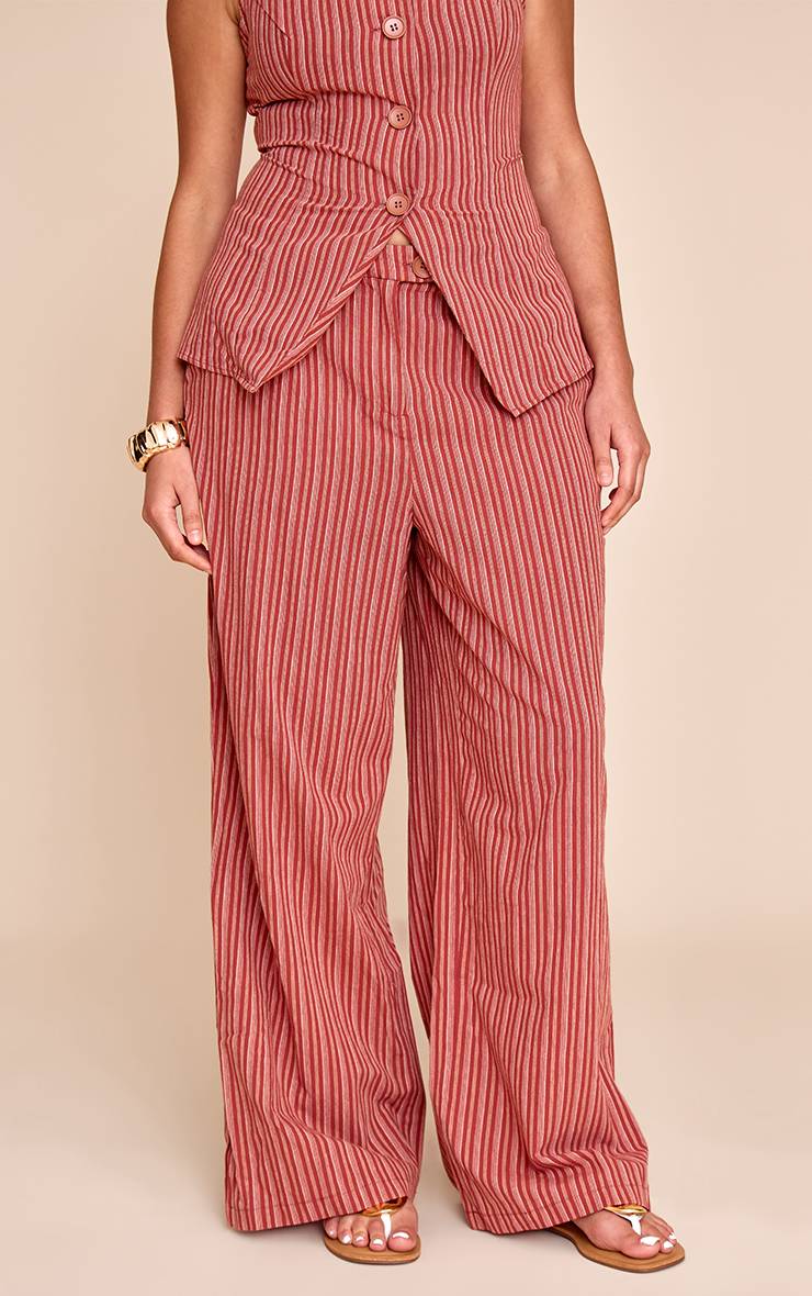 Rouge Pantalon Large À Rayures Aspect Lin Grande Taille