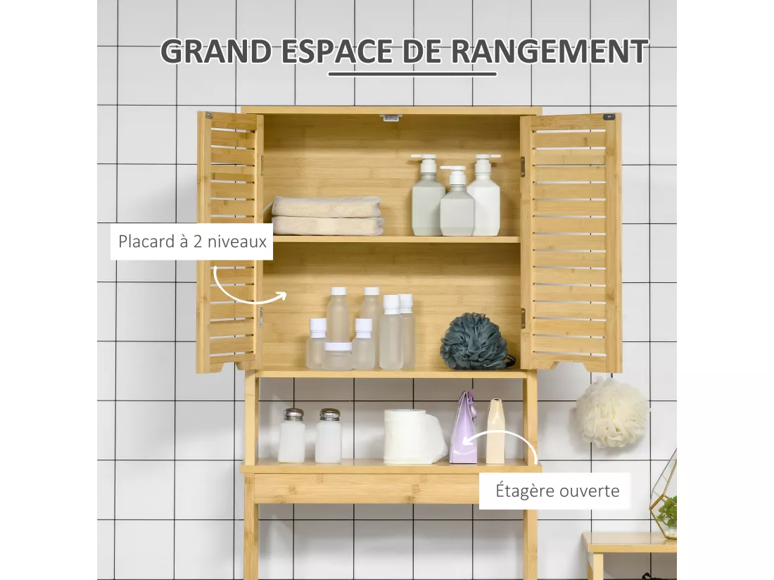 Meuble WC meuble dessus toilettes style cosy dim. 60L x 23l x 173H cm portes à lattes étagère bambou MDF aspect bois clair
