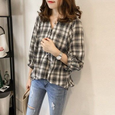 Frigga - Geruite blouse met 3/4 mouwen