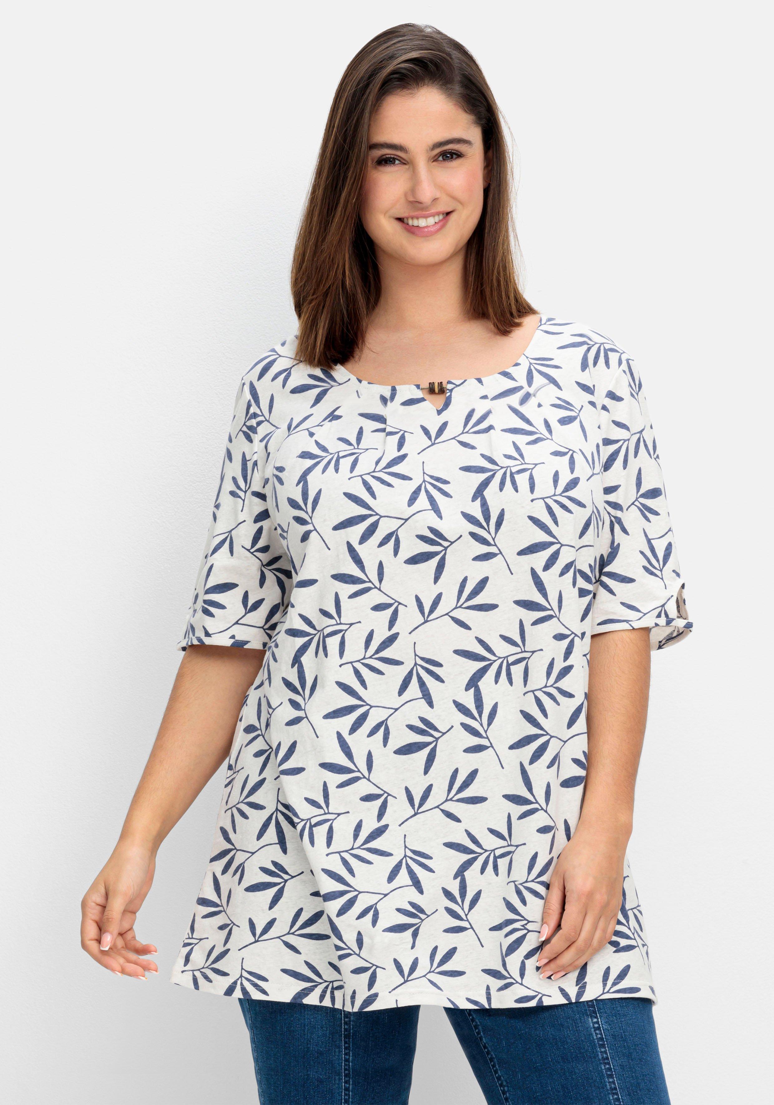 T-Shirt mit Blätterprint, im Leinen-Mix