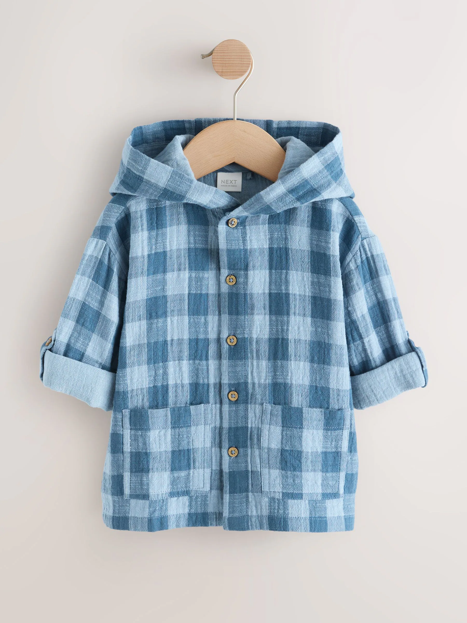 Blauw - Long Sleeve Check Hooded Shirt (3mths-7yrs)