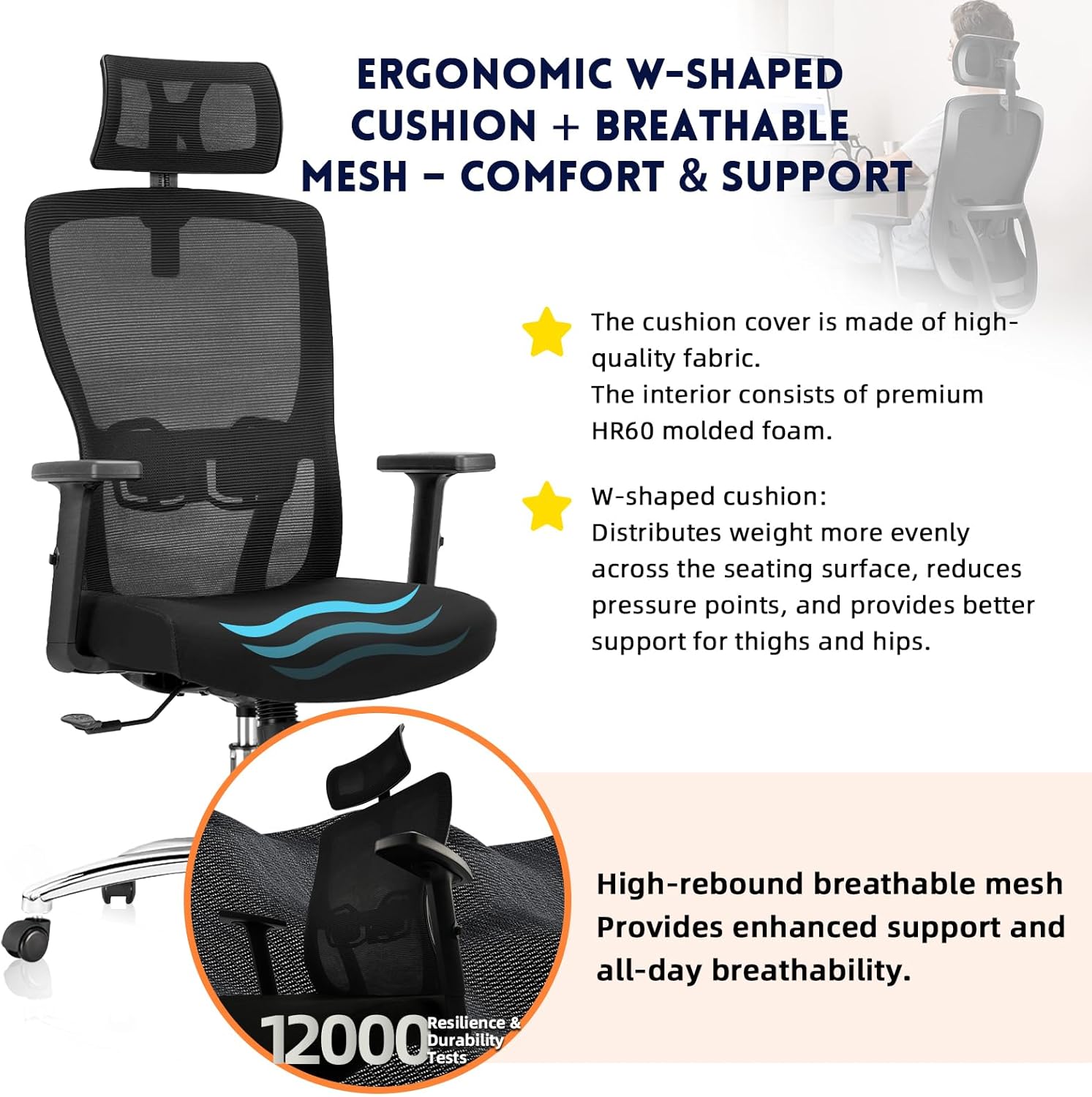 Bürostuhl Ergonomisch,Schreibtischstuhl mit verstellbarer Kopfstütze, Armlehnen und Lendenwirbelstütze, Drehstuhl aus Mesh,höhenverstellbarer Chefsessel,Computerstuhl Wippfunktion,Belastbarkeit 150kg