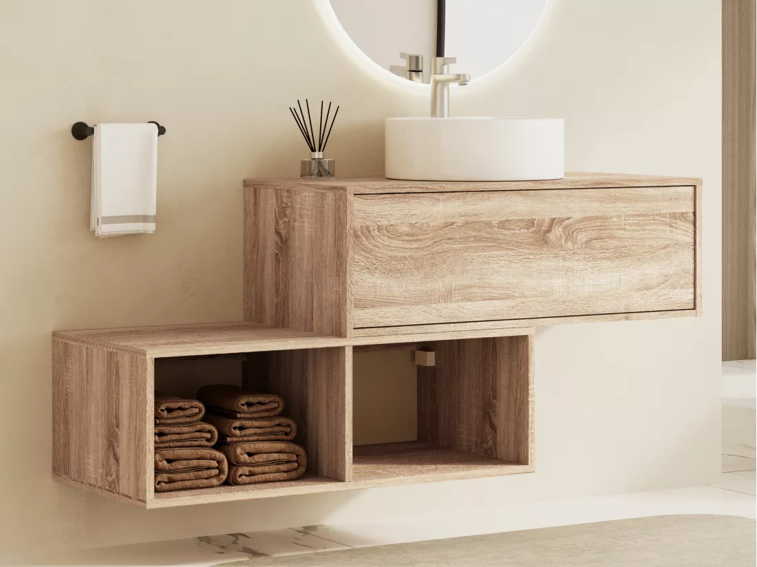 Meuble de salle de bain suspendu naturel clair avec vasque ronde - 1 tiroir et 2 niches - 94 cm - TEANA II