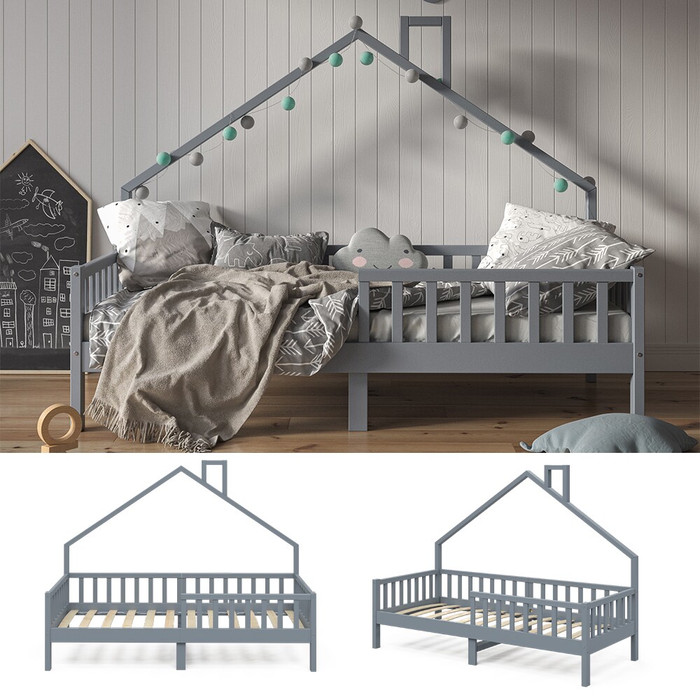VitaliSpa Hausbett Kinderbett Spielbett Noemi 90x200cm Anthrazit Rausfallschutz