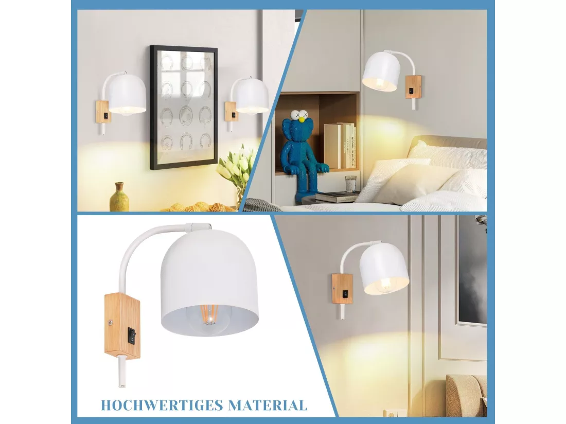 NETTLIFE Applique murale en bois avec interrupteur - Spot mural 1 flamme E27 Blanc Lampe de couloir 330° ,Sans ampoule