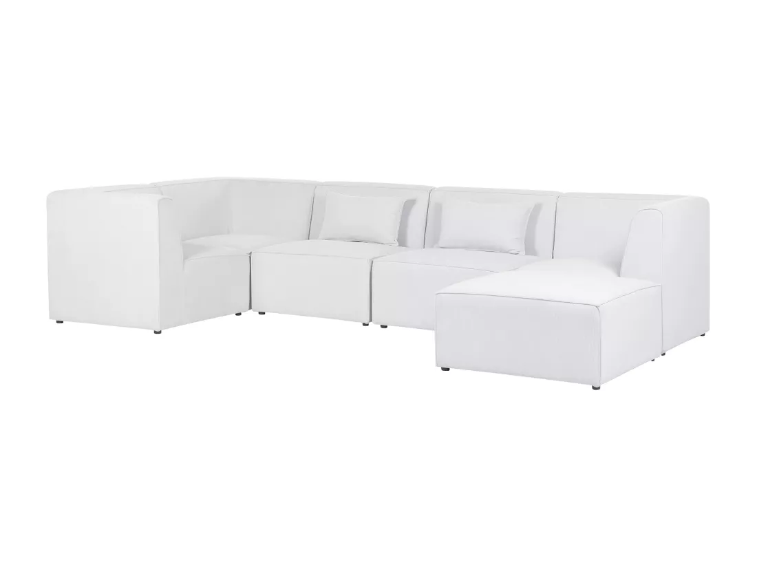 Canapé d'angle côté droit modulable 5 places en velours côtelé blanc cassé avec ottoman LEMVIG
