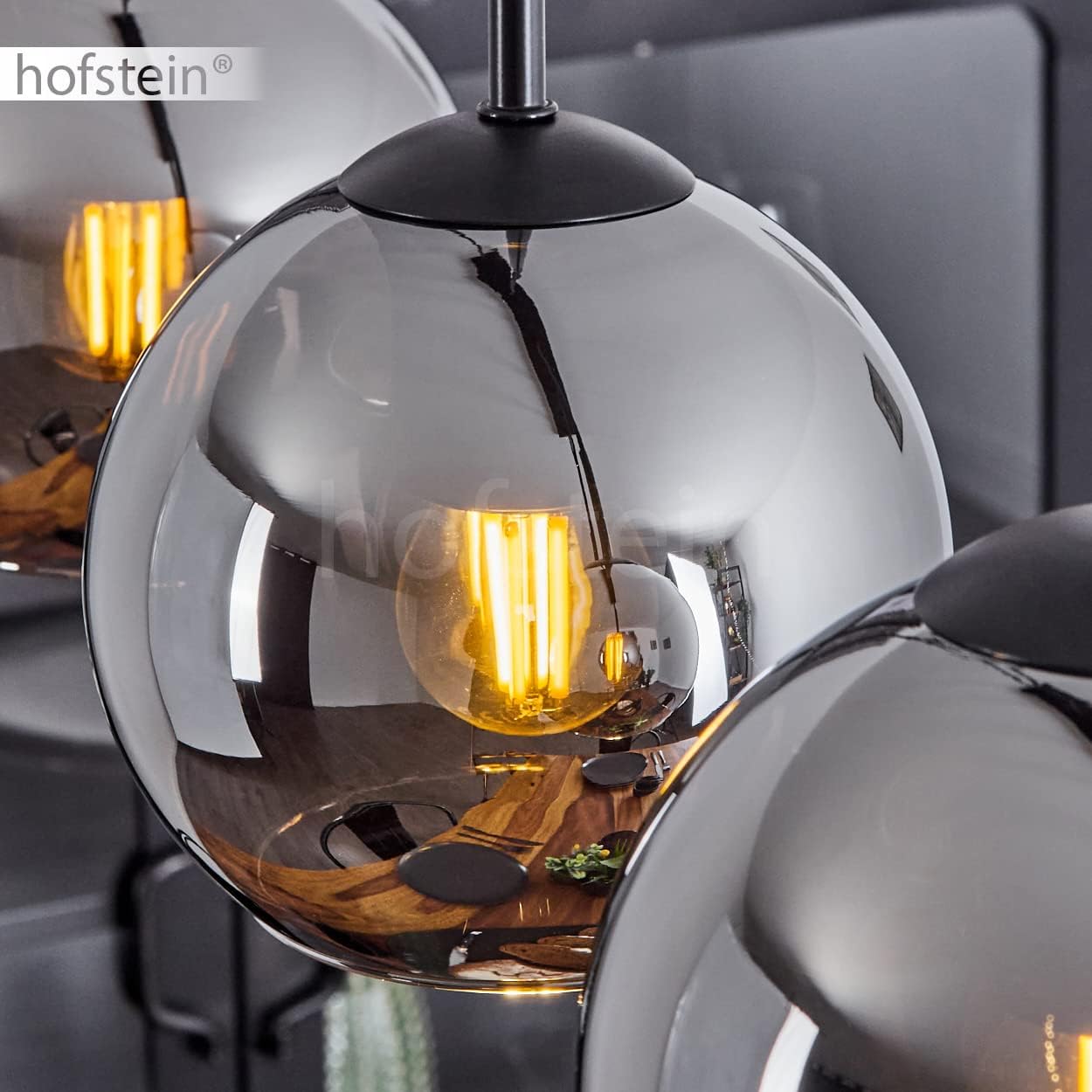 Hängeleuchte Koyoto, Hängelampe aus Metall/Glas in Schwarz/Chromfarben, Leuchte 4-flammig im Vintage/Retro Design mit Schirmen aus Glas (Ø 15 cm), Höhe max. 147,5 cm, 4 x E27, ohne Leuchtmittel