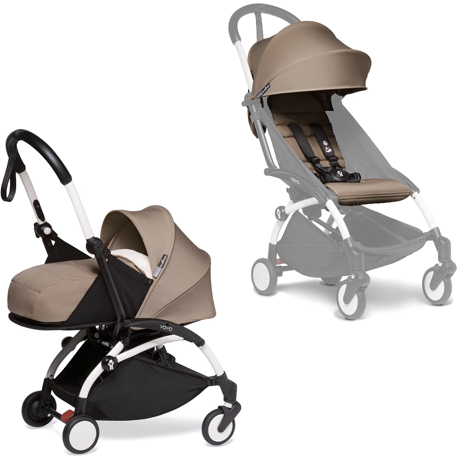 BABYZEN Kinderwagen YOYO2 0+ White mit Neugeborenenaufsatz und Textilset Taupe