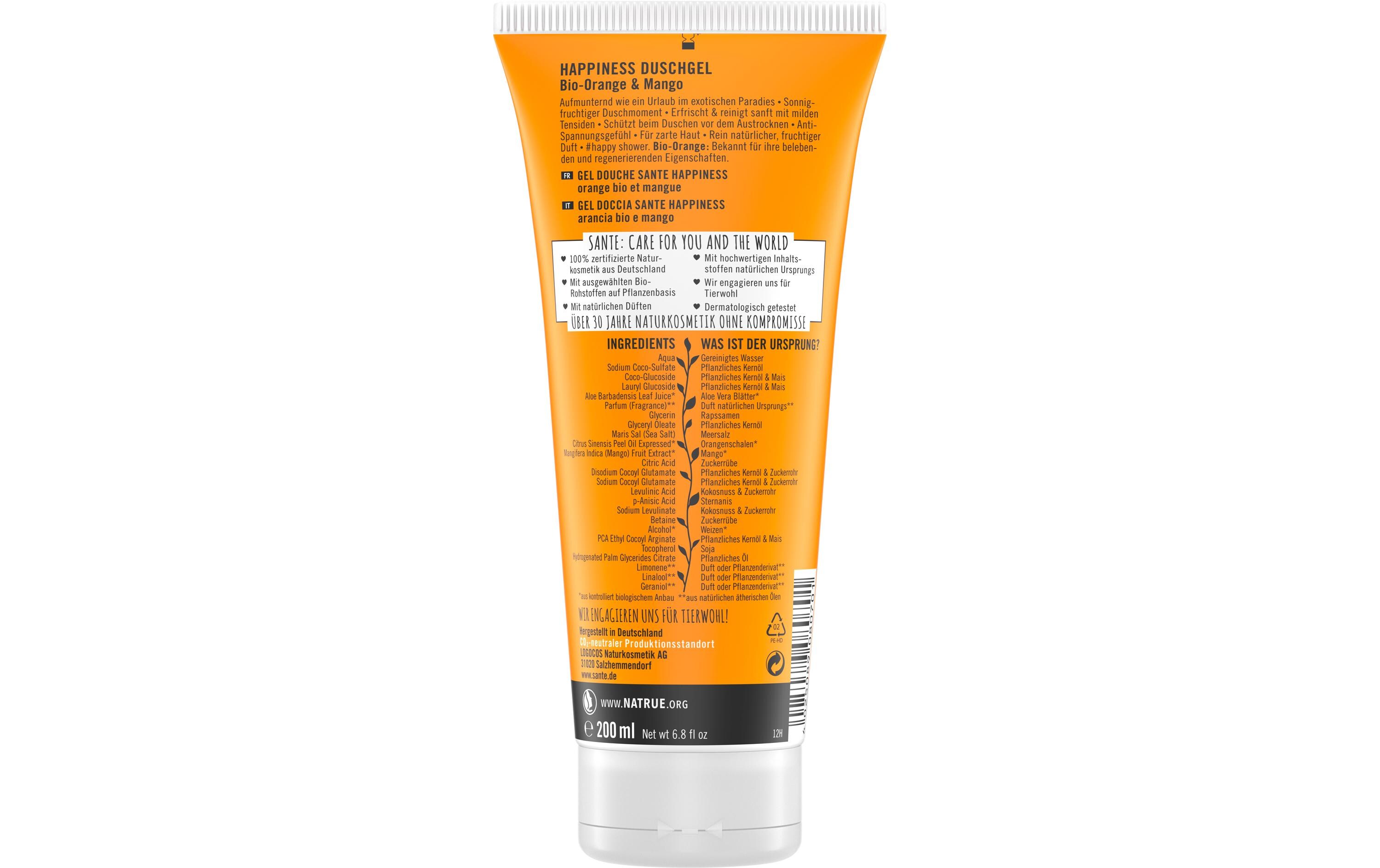 Duschgel Happiness Bio-Orange und Mango 200 mlNatürliches Duschmittel mit fruchtigem Duft