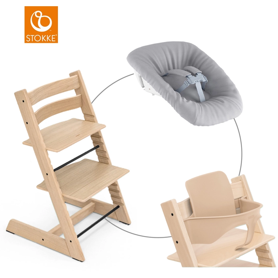 STOKKE® Mega Tripp Trapp® Set Hochstuhl Oak natur inkl. Newborn Set™ Grey und Baby Set natur