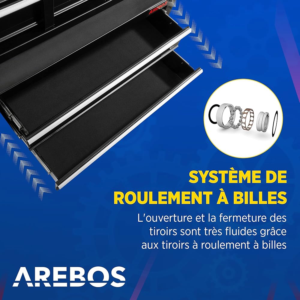 AREBOS Servante d'atelier à 9 tiroirs | Tapis antidérapants | Chariot avec Caisse à Outils Amovible | Verrouillable | sur roulement à Billes | Freins d'arrêt | Noir | 71x 67 x 37cm : Bricolage