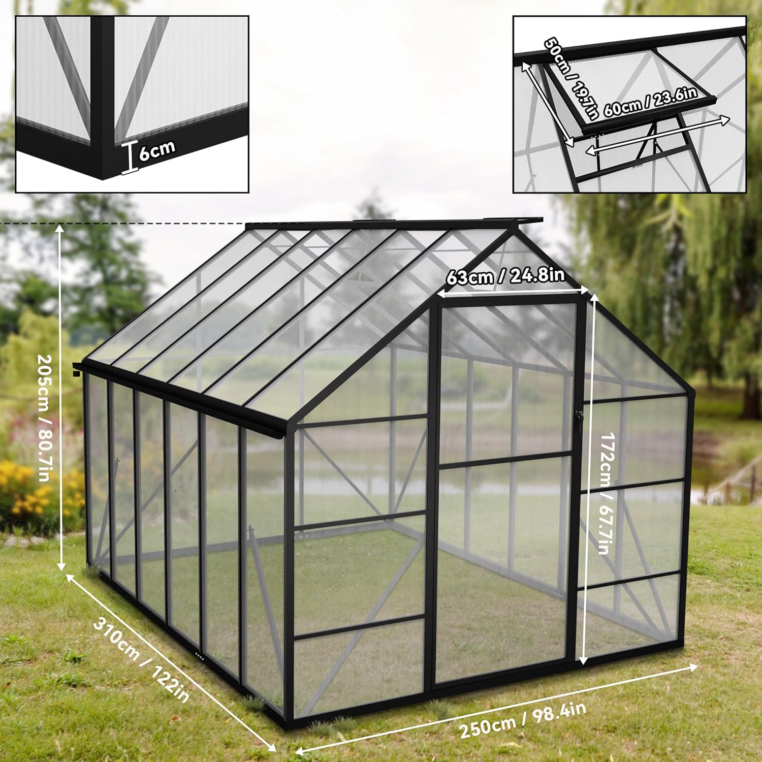 Gewächshaus Aluminium Treibhaus mit Transparent PC Platten Dachfenster & Tür & Fundament 310x250x205cm Winterfest Gartengewächshäuser Begehbares Pflanzenhaus für Garten Outdoor