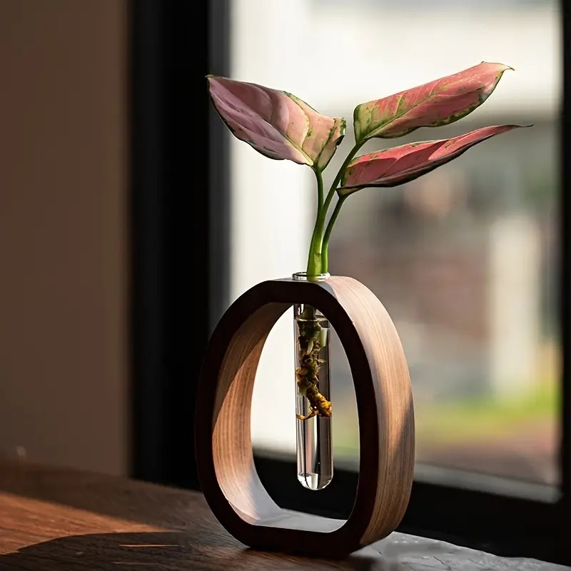 (12x15cm) Holz Vase Deko Pflanzen Reagenzglas Terrarium Hydrokultur Gefäss - Transparent / Braun