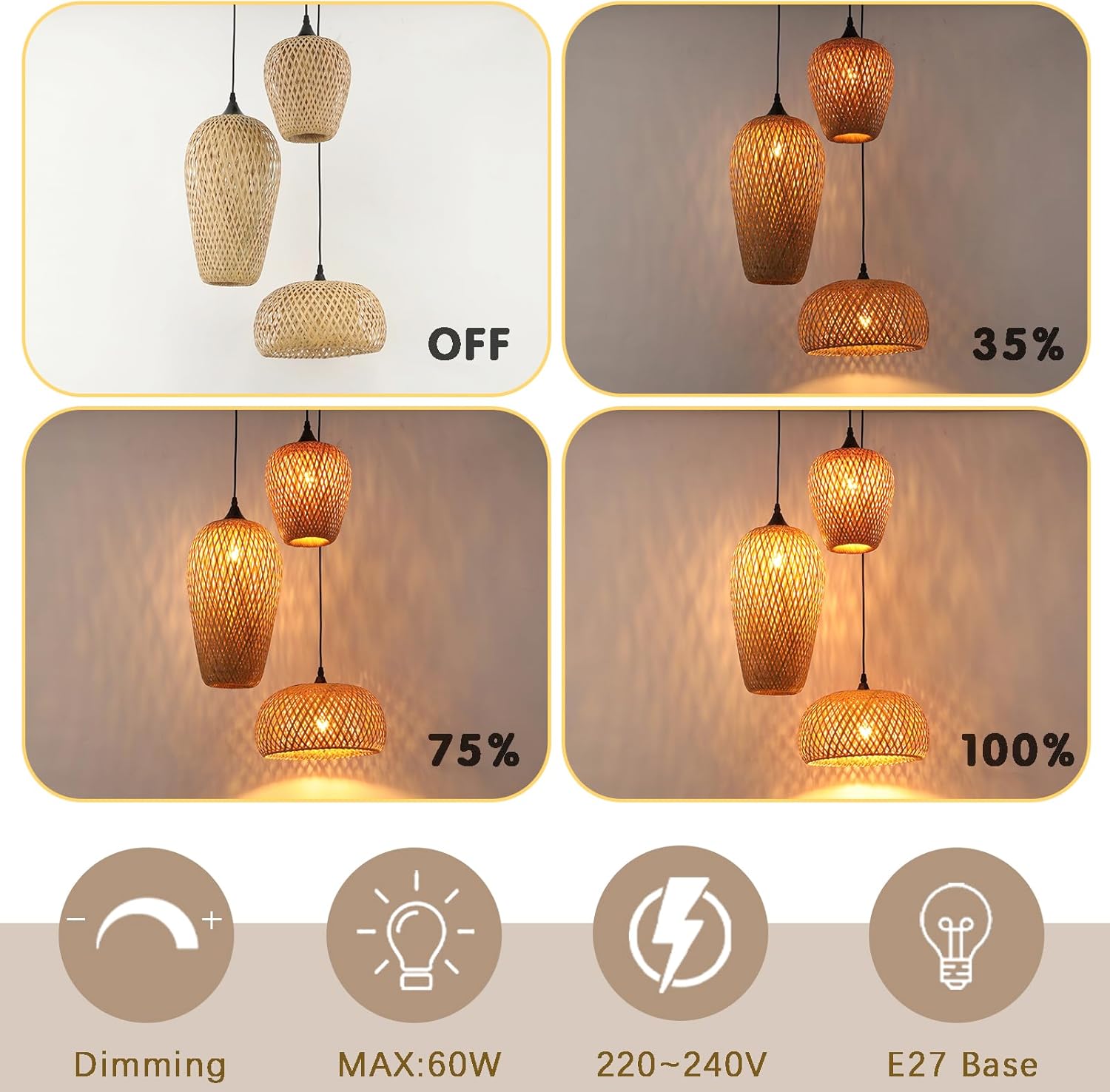 Lampenschirm HäNgelampe Bambus 3-Flammig,Boho Pendelleuchte Esstisch Handgewebt Laterne Vintage Lampe E27 Wohnzimmerlampe For KüChe Schlafzimmer