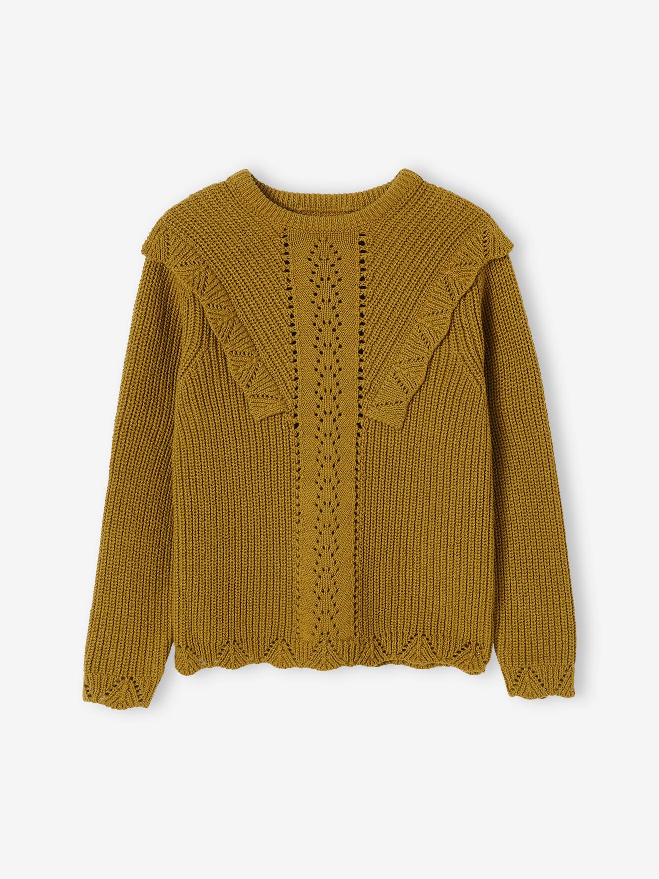 Suéter de tricô elegante com babados, liso, cinza escuro, para menina.