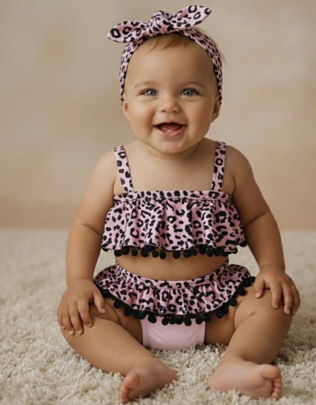 Leo everywhere pompom bikini & Headband - Light pink
