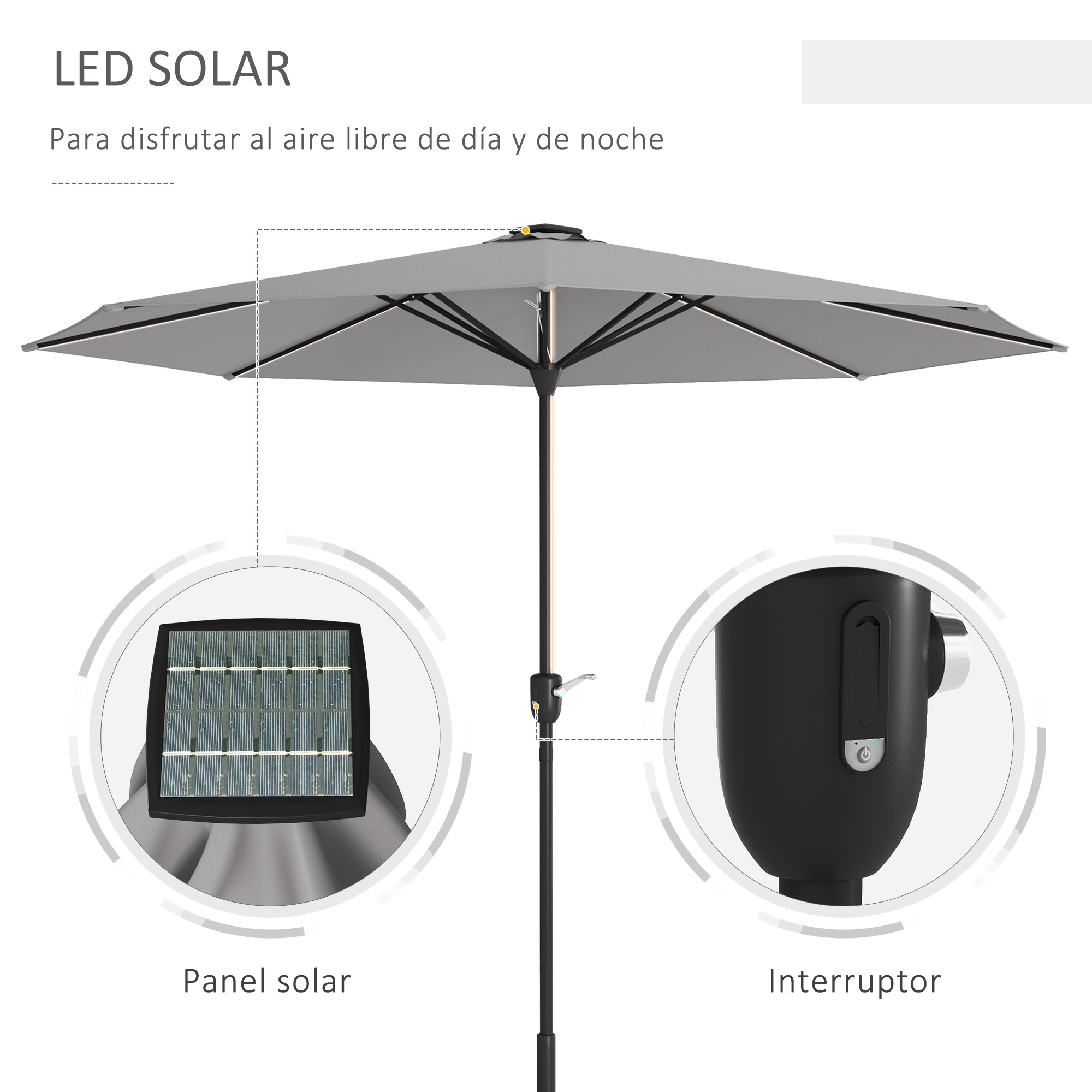 Guarda-sol de jardim Outsunny Ø265x240 cm com luzes LED solares, manivela e à prova d'água para piscina e pátio, cinza claro.