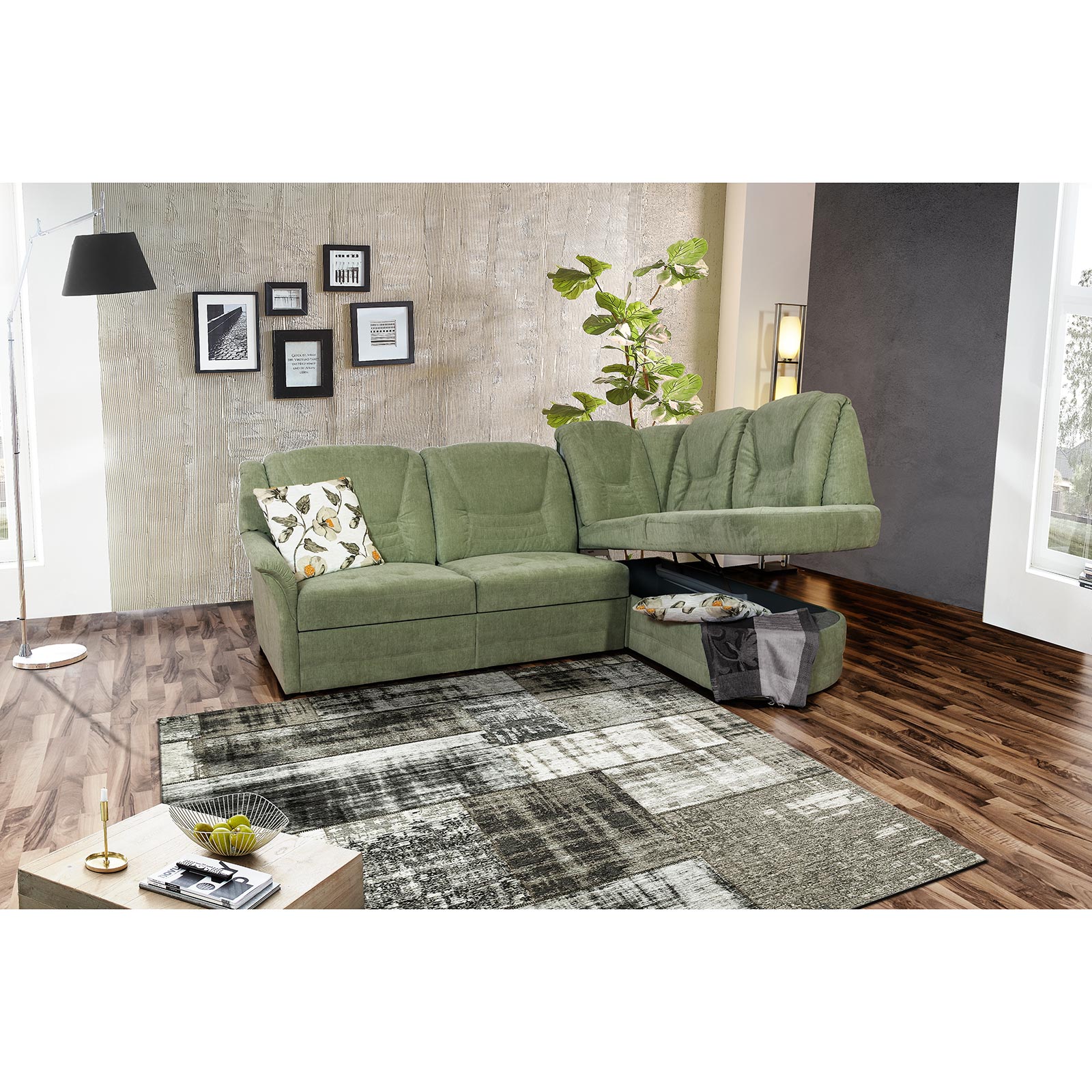 Ecksofa - grün - mit Staukasten - Recamiere rechts