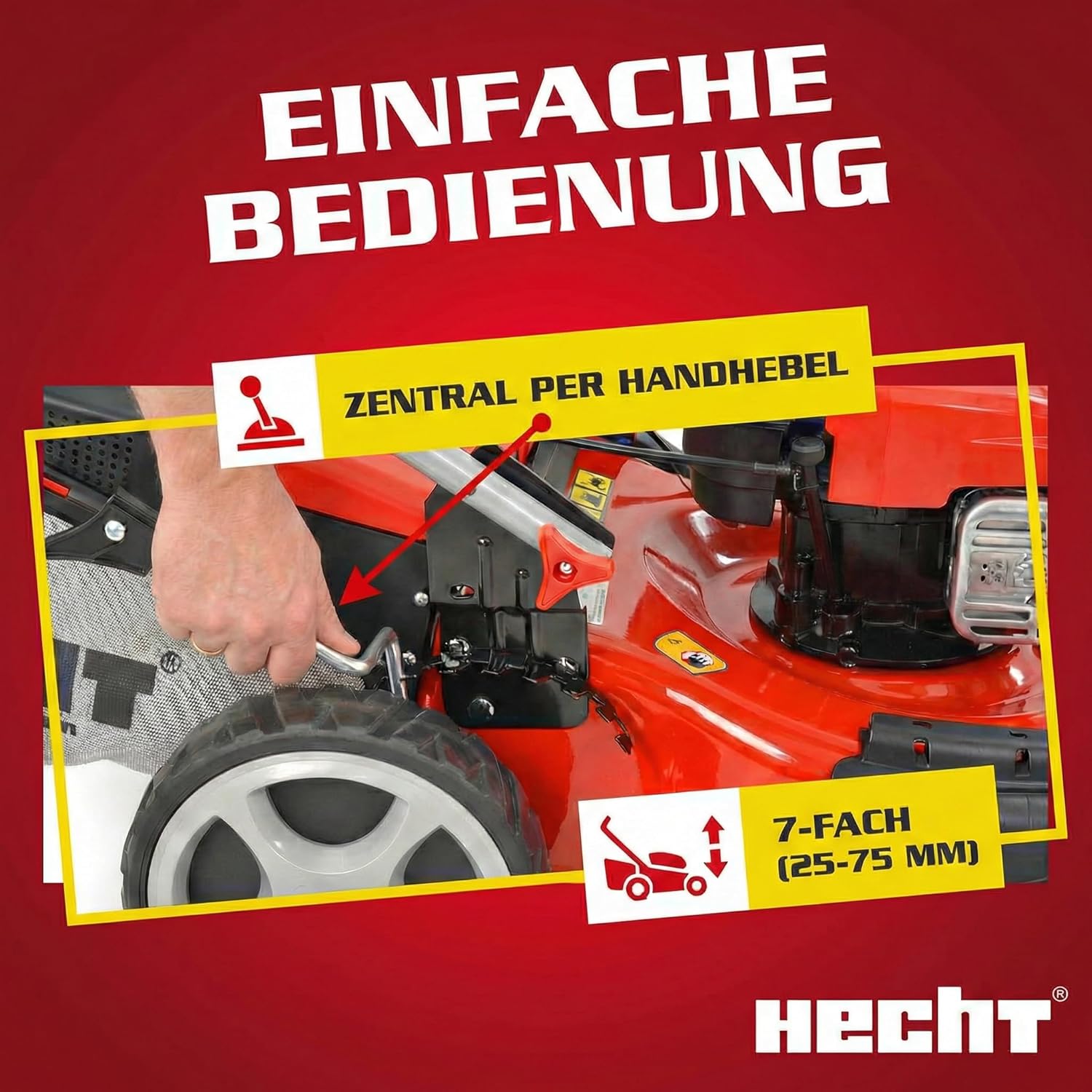 HECHT 5IN1 Rasenmäher Benzin – Bequemer Selbstantrieb - Für Flächen bis 1000 m² - Starker 4 Takt Motor mit 46 cm Schnittbreite – Radantrieb – Mulchfunktion – Seitenauswurf - Rasenmäher Benzin