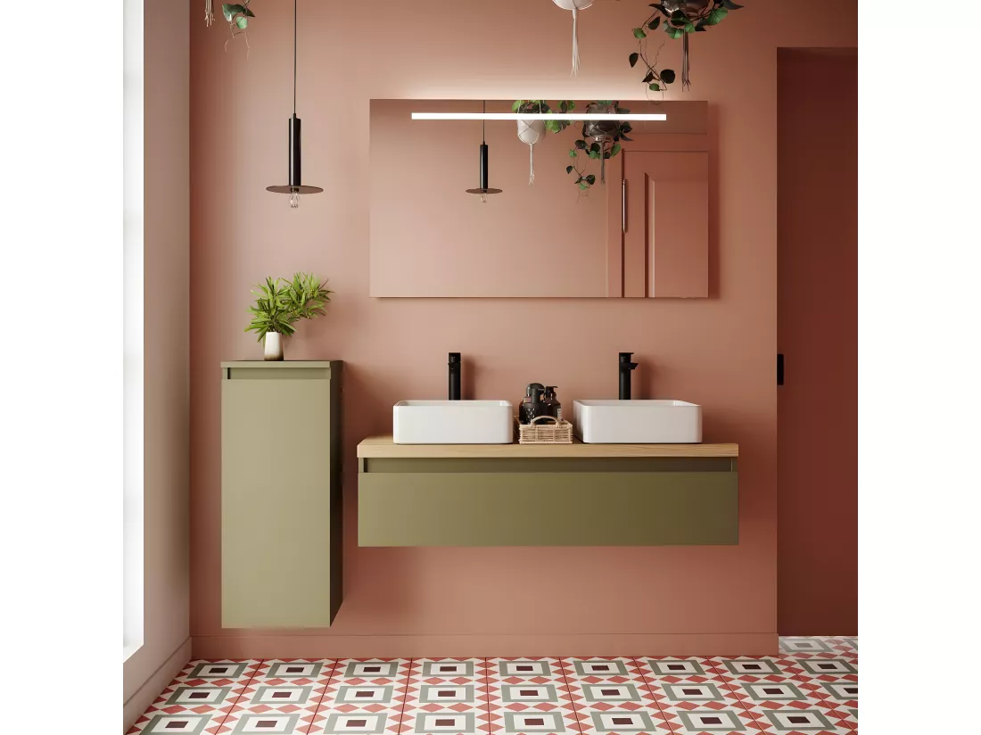 Meuble de salle de bain suspendu 2 vasques à poser 120cm 1 tiroir Vert olive - Hudson